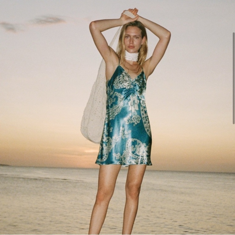 Zara blue and white print satin mini dress size XL